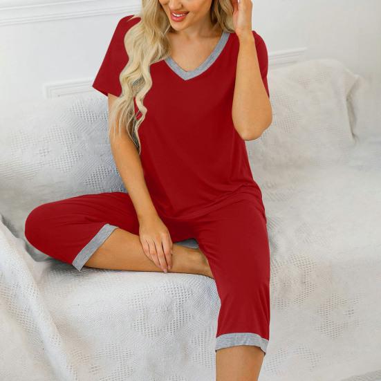 2 Pcs/Set Pajamas Set V Neck Contrast Color Short Sleeve Loose Homewear Elastic Waist Cropped Pants Summer Night Clothes