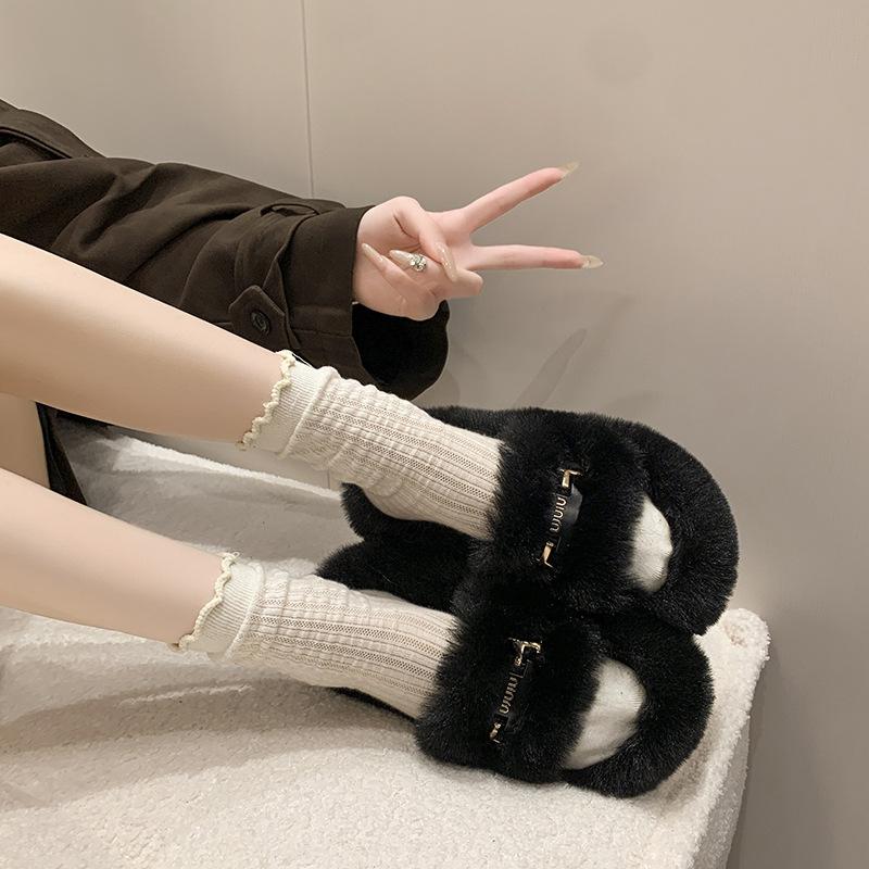 Internet celebrity thick-soled fluffy slippers women wear 2025 autumn and winter new round cotton slippers fashion trend slippers