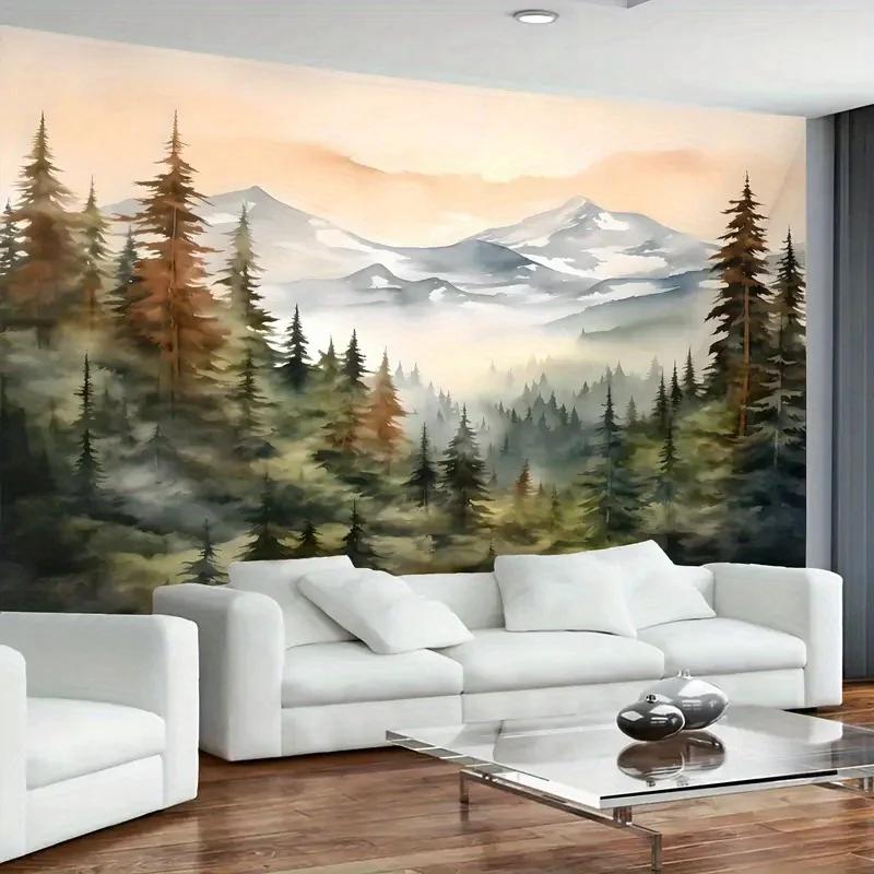 Forest and Mountains Foggy Tapestry Watercolor Landscape Wall Hanging Aesthetic Sage Green Decor For Bedroom And Living Room
