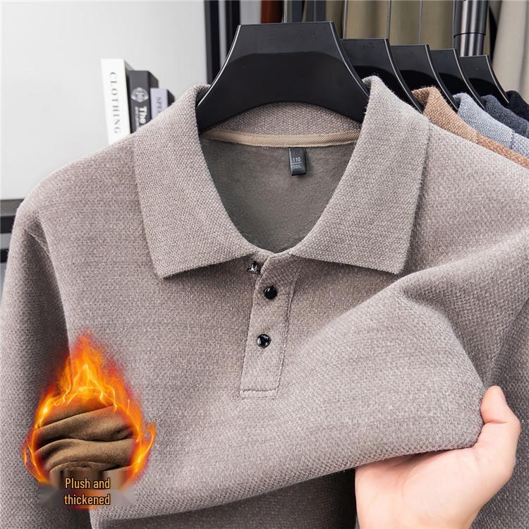 Men's Solid Mink Fleece Polo Sweater - Warm, Thick Lapel Shirt for Autumn/Winter