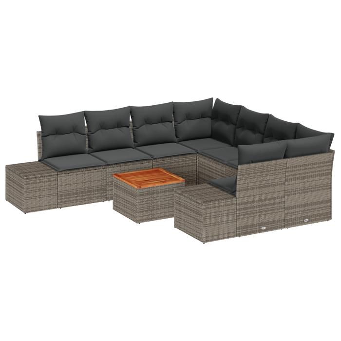 VidaXL Ensemble de canapé de jardin de 9 pièces avec coussins Gris Poly Rattan Acacia 3356606