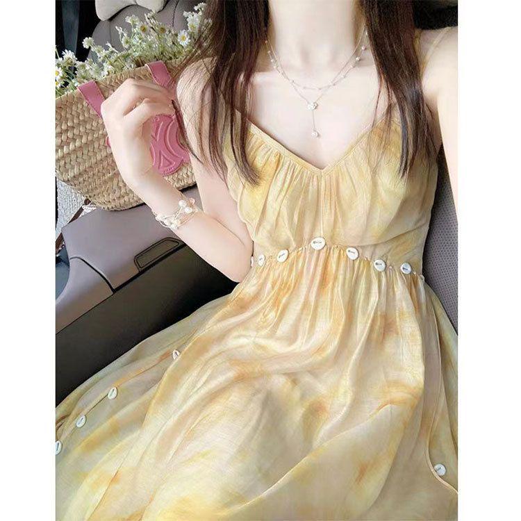 2026 Summer Women s Yellow Gradient Strappy Tea Break Dress - Elegant Long Beach Vacation Wear S жёлтый