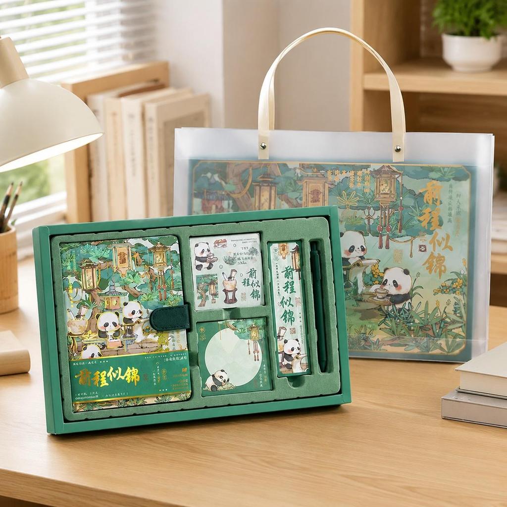 Gift stationery set for a student with panda, notebook, pen, stickers, bookmark, box