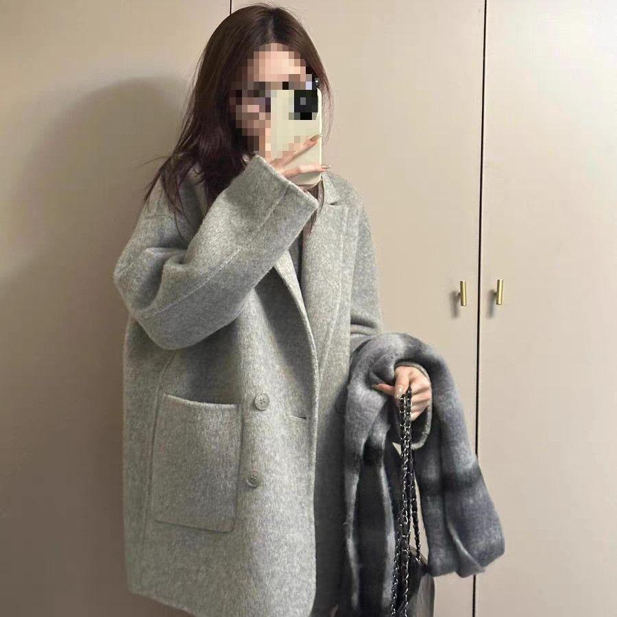 

Women s Petite Gray Double-Faced Wool Coat - Korean Style, Short, with Spandex Tag (Autumn/Winter Collection) XS 36-52kg