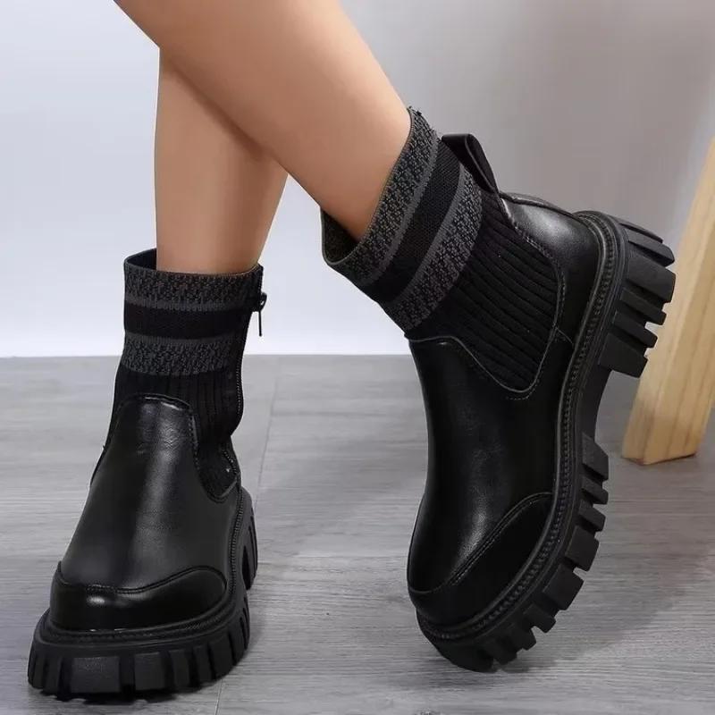 Women  On Sale High Quality Side Zipper Women's Boots Autumn Round Toe Mixed Colors Short Barrel Low Heel Rider Boots
