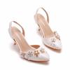 7cm Shallow Mouth Pointed Sandals White Lace Nail Bead Water Diamond Fine Heel Sandals Large Wedding Shoes Bridal Shoes