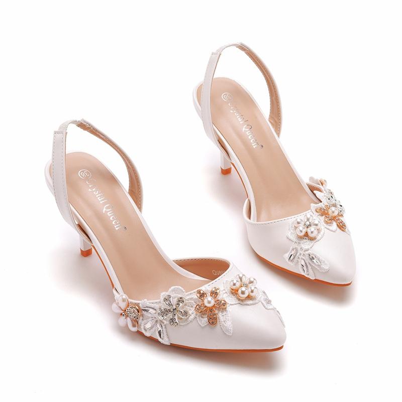 7cm Shallow Mouth Pointed Sandals White Lace Nail Bead Water Diamond Fine Heel Sandals Large Wedding Shoes Bridal Shoes