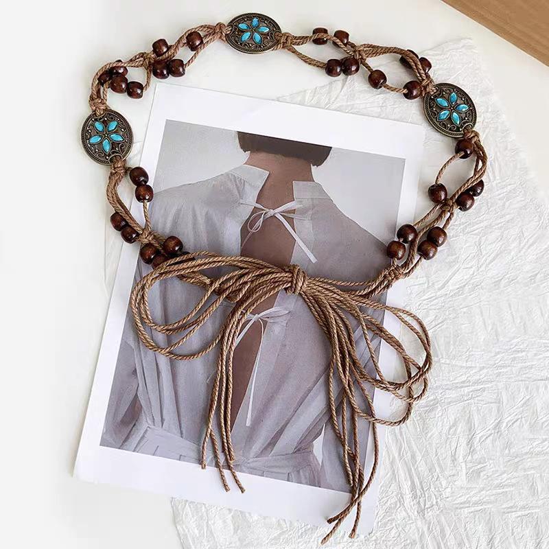 Bohemian Style Butterfly Blue Water Diamond Waist Woven Handmade Wooden Bead Belts Y2K Retro Belt Waist Chain Accessory Skirt