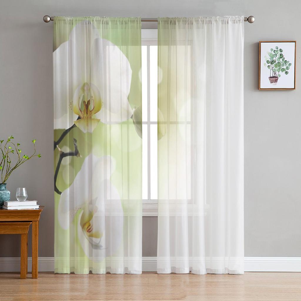 White Phalaenopsis Flower Sheer Curtains for Living Room Decoration Tulle Voile Organza Window Curtains for Kitchen Bedroom