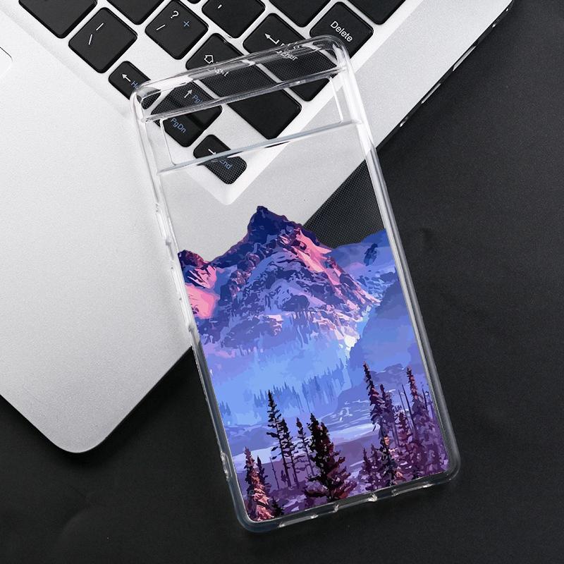 Snow Mountain Lake Landscape Phone Case for Google Pixel 6A 8 Pro 8A 6 5G 7 Pro 7A Hand Painted Clear Soft TPU Back Cover Fundas