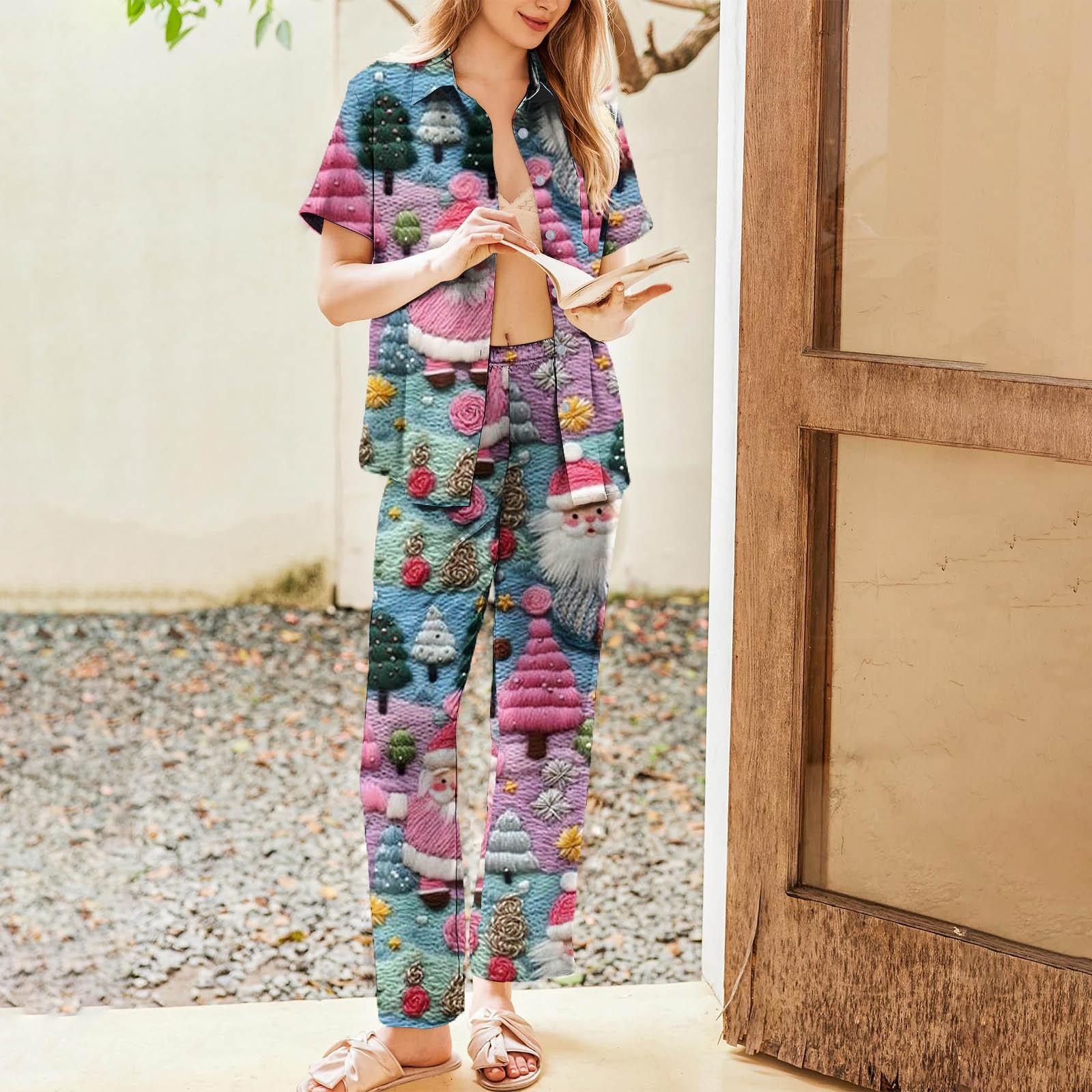 

Женский рождественский пижамный комплект с принтом, женские короткие рукава, длинные брюки, комплект из двух предметов, застегивающийся на пуговицы, домашняя одежда S фиолетовый
