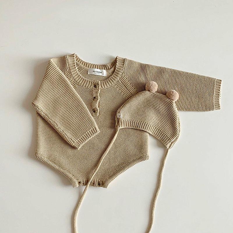 Autumn Korean Knit Romper & Cute Hat for Newborns - Unisex Snap-Crotch Sweater Romper
