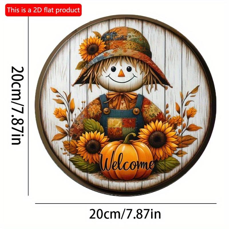 2d Flat 20*20cm, Autumn Home Decoration, Creative Decor Logo, Wooden Round Logo with Autumn Sunflowers, Pumpkins and Scarecrows, Used for Kitchen