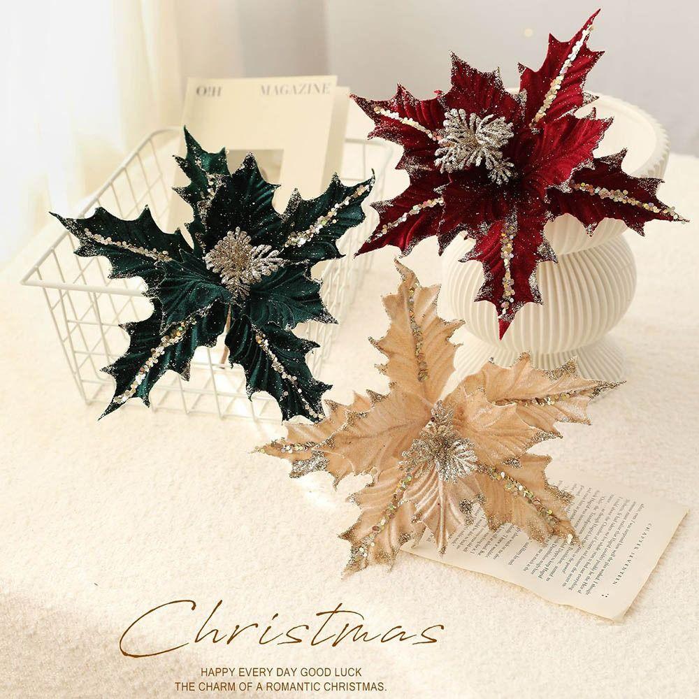 New Glitter Christmas Artificial Flowers Sequin Flannel Fake Flower 15cm Glitter Poinsettia New Year