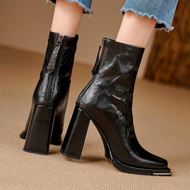 Fashion High Heels Women Square Toe Leather Snow Boots Dress Sexy Fashtion Ankle Boots Women 2024 Trend New Winter Designer Botas Mujer