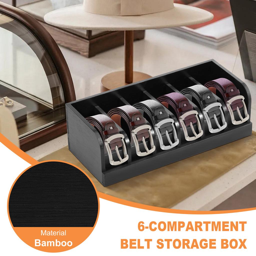 Natural Bamboo Belt Organizer 6-Grids Closet Belt Storage Rack Save Space Multipurpose Drawer Tie Purse Storage Displayer Holder