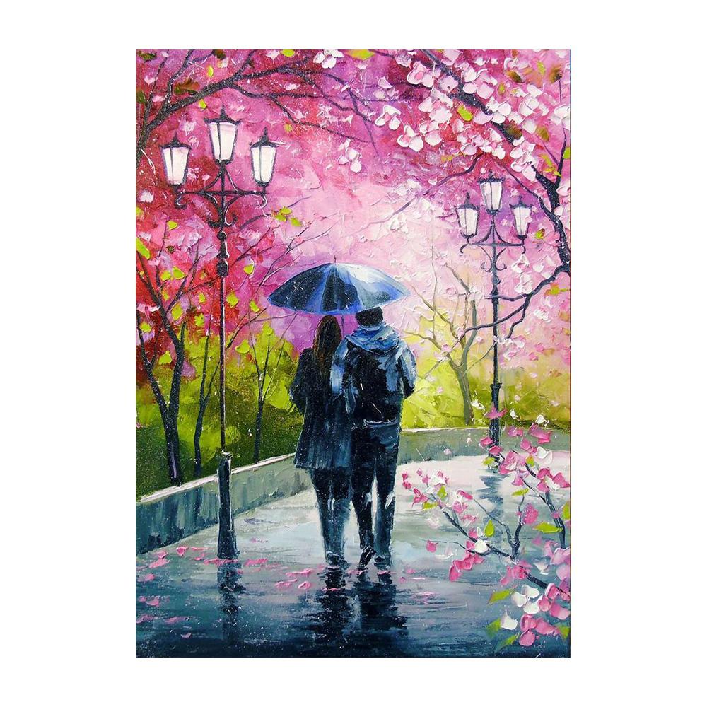 Nordycki Jesienny Deszczowy Pejzaż Plakat Płótno Obraz Olejny Zakochani Spacerujący Obraz Ścienny do Nowoczesnego Salonu Dekoracja Domu