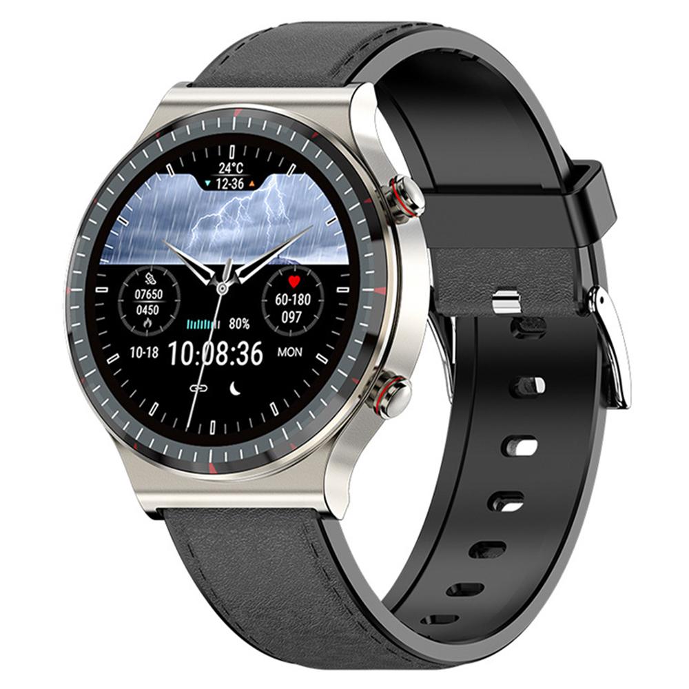 

G08 Leather Strap ECG Blood Pressure/Oxygen Monitoring Smart Watch Body Temperature Test Bluetooth-compatible Sports Smart Bracelet Silver+Black