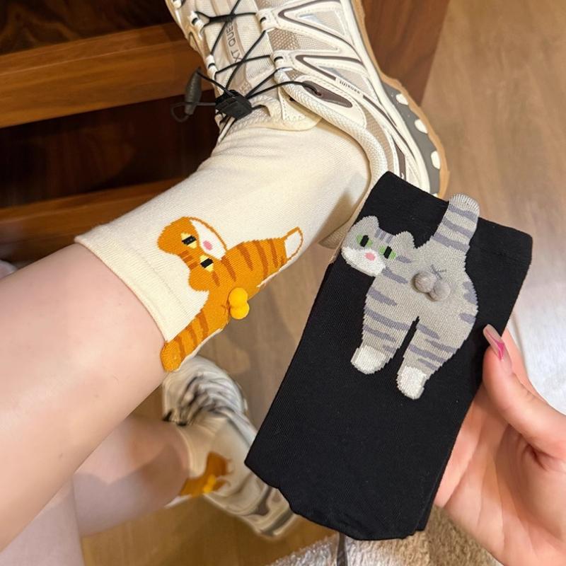 גרבי אמצע באורך עם עקב חתול מצויר חמוד, כדור פרווה תלת-ממדי, גרבי כיף