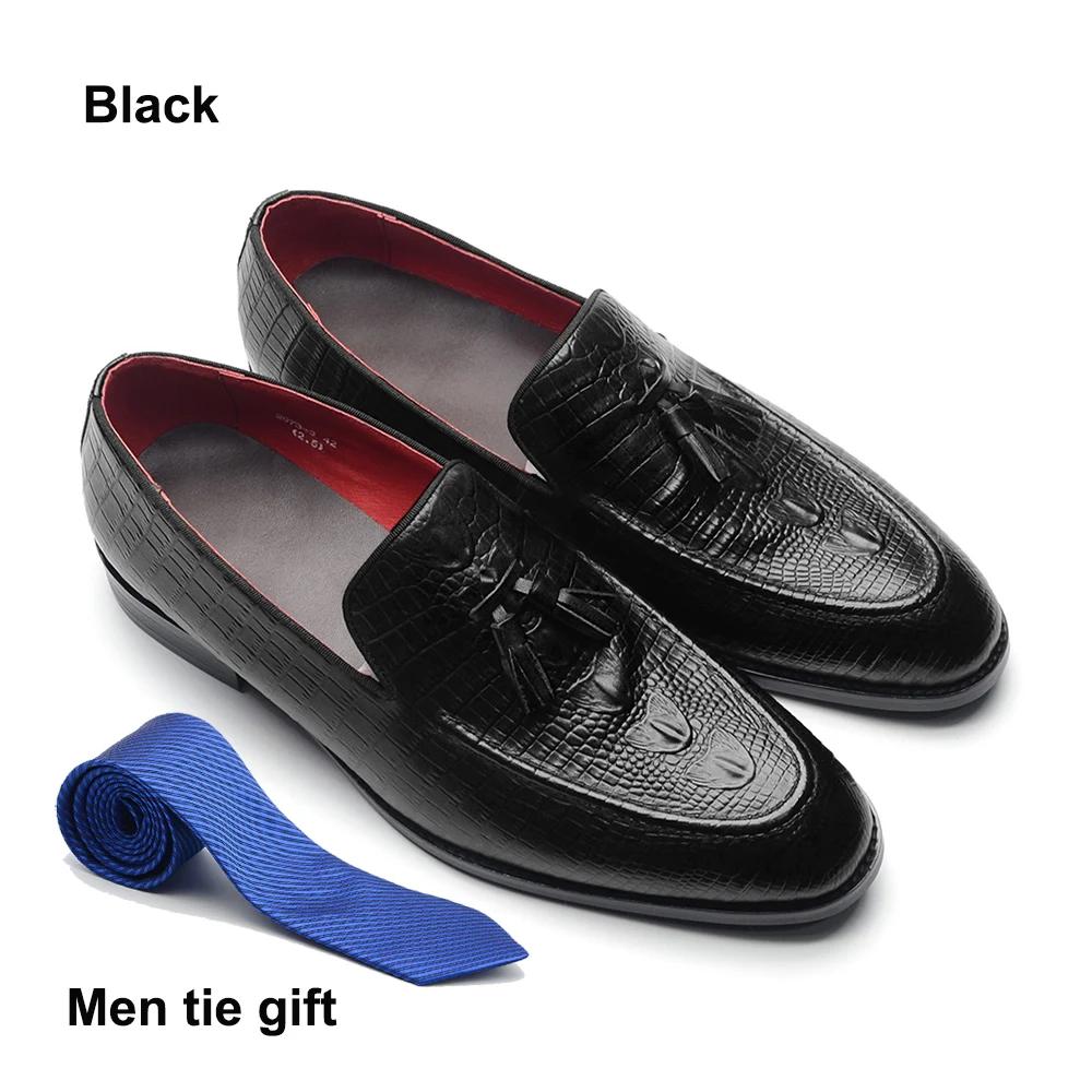 

Classy Mens Dress Tassel Loafers Cow Genuine Leather Black Brown Crocodile Print Slip-on Wedding Party Formal Shoes for Men 38