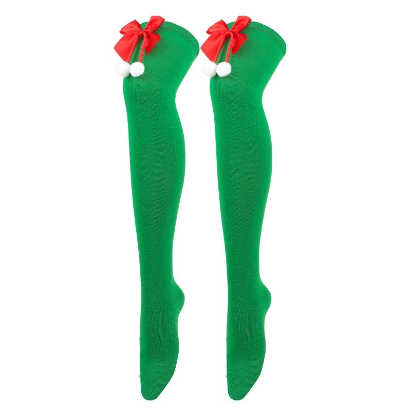 Striped Stockings For Women Over The Knee Long Socks Christmas Green Red Bowknot Long Socks Female Leg Stocking