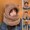 Winter Women One Piece Scarf Cap Winter Thick Warm Hat Scarf Gloves Windproof Anti-cold Girls Cartoon Bear Lamb Fleece Beanie