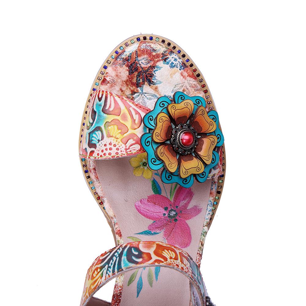 Johnature Echtes Leder Handgefertigt Barockstil Retro Blume Bequem Quadratischer Absatz High Heels Sandalen