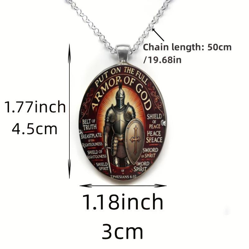 A vintage Christian Ephesians 6:10 pendant necklace featuring God fully armed, made of time-worn gemstone glass, suitable for both men and women.