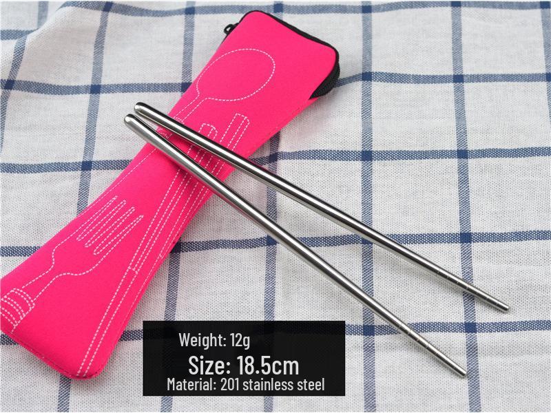 Stainless Steel Outdoor Cutlery Set: Knife, Fork, Spoon, Chopsticks, Straw with Peony Cloth Bag - 7 Pieces