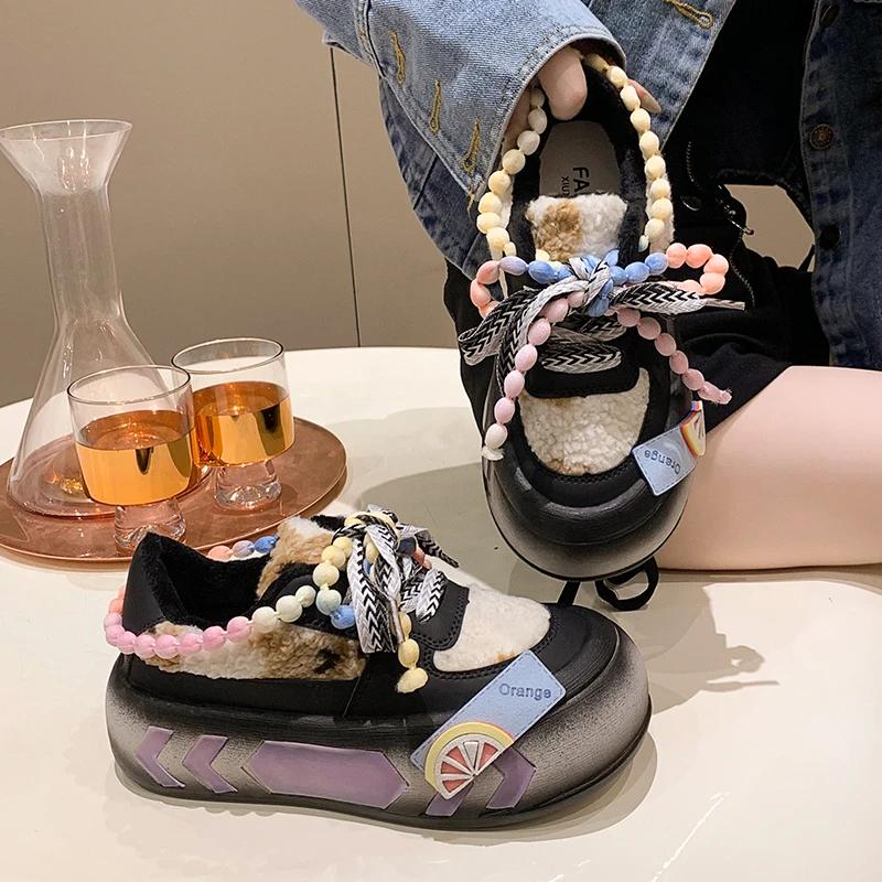 Fashion Designer Cute Kawaii Dad Shoes for Women Girls Platform Vulcanized Shoes Ladies Colorful Round Head Casual Fur Warm Shoes Winter