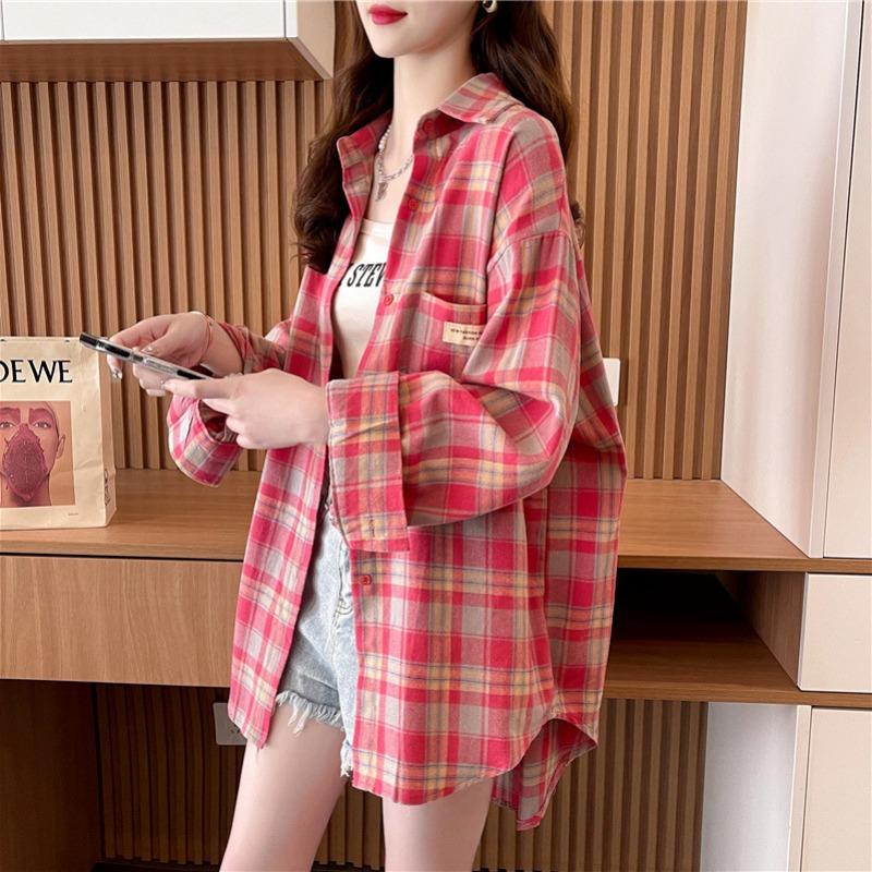 Wiosna Jesień Vintage Krata Nadruk Luźny Casual Kardigan Bluzka Kobiety Długi Rękaw Golf Zapinana na Guziki Koszula Top