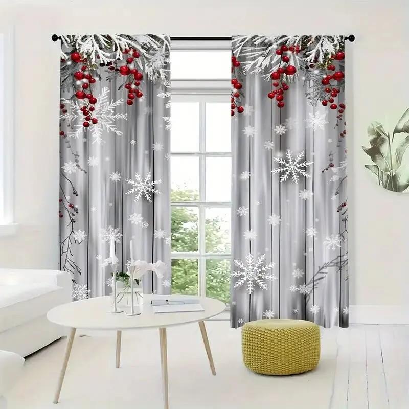 Set Of 2 Jit Snowflake Berries Printing Curtain Polyester Drapes Winter Christmas Window Decor Home Dec With Rod Pocket Blackout