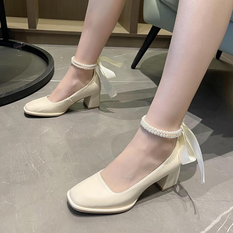 Podzimní Nové Boty na Hrubém Podpatku Dámské Čtvercová Špička Mělký Výstřih Motýlková Mašle Protiskluzové Odolné proti Opotřebení Nízké Boty