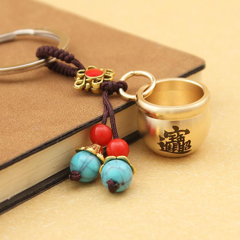 Brass Mini Blessings Jar Keychain with Five Emperors Coins, Green Bead, Rice Jar Pendant, and Rope