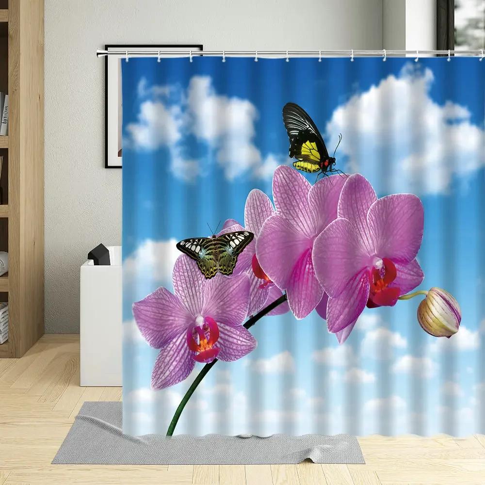 Spring Flowers Butterfly Shower Curtain Daisy Rose Orchid Floral Plant Home Decor Screens Waterproof Bathroom Curtains With Hook