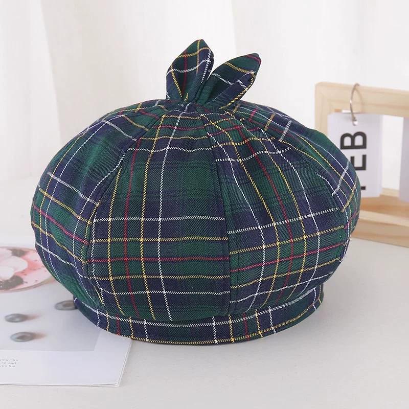New Cute Plaid Bunny Ear Denim Beret For Women Summer Face-Slimming Octagonal Hat Japanese Retro Versatile Style