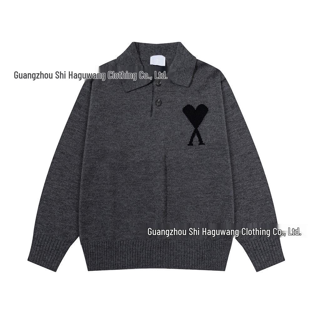 

Unisex Black Heart Jacquard Lapel Polo Knit Sweater - Autumn/Winter Collection S
