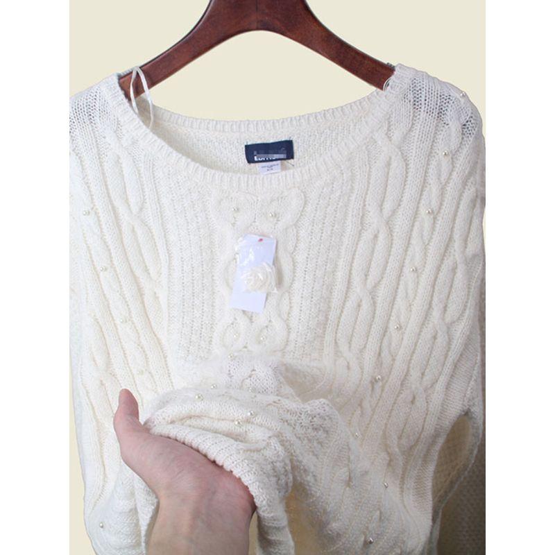 Low Round Neck Cable Stitch Long Sleeves Heattech Sweater Pearl Beaded Loose Version Export Women's Knitted Sweater