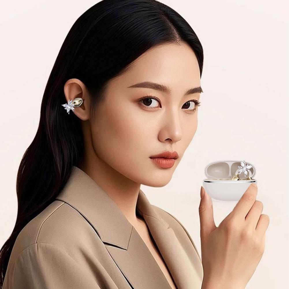 Sports Bluetooth 5.4 Headphones Wireless Ear-clip Earbuds Intelligent Noise Cancellation Earphones Butterfly Diamond Buckle Decor