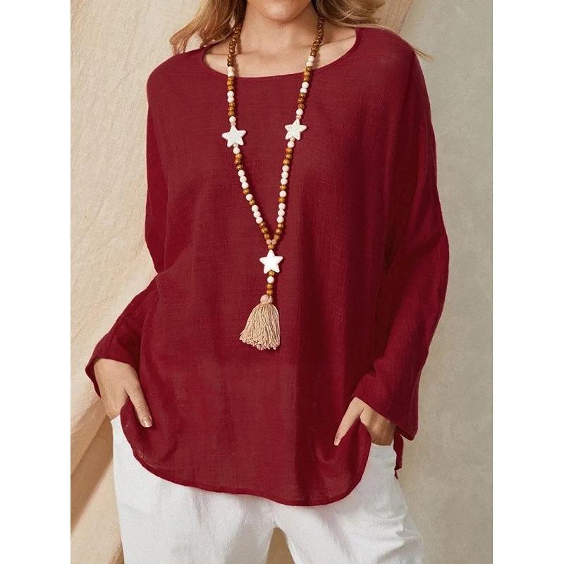 

Ladies Spring and Summer Round Neck Long-sleeved T-shirt Casual Shirt Ladies Blouse S бордовый