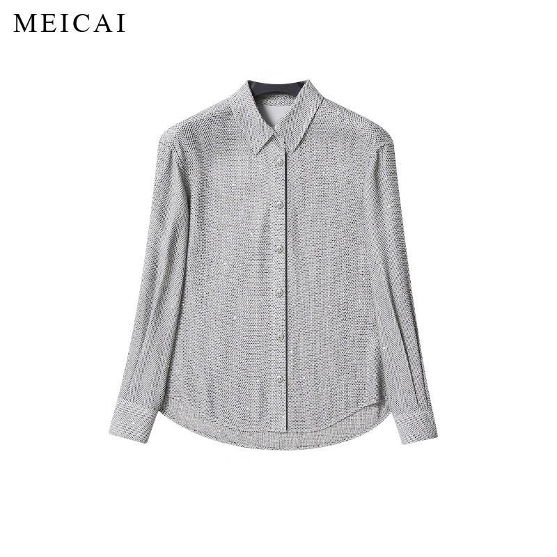 MeiCai Women s Exquisite Sequin Woven Shirt with Lapel, Acetate Linen Tencel Blend, Casual Commute Style 2XL (136-145 lbs)