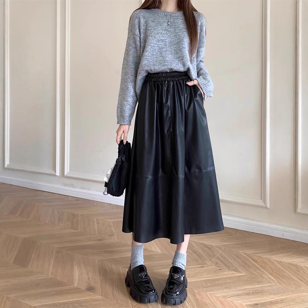 

Women s Plus Size High Waist PU Leather A-Line Midi Skirt - Autumn/Winter XL