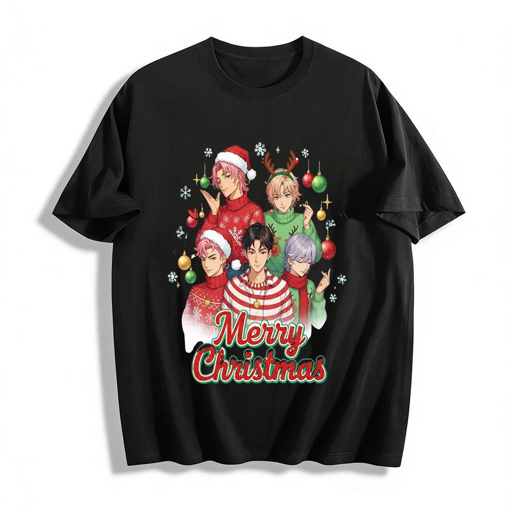 

Christmas Limited Anime Handsome Guy Print Knitwear Festive Casual Loose Top For Men Women Pure cotton T-shirt XXS