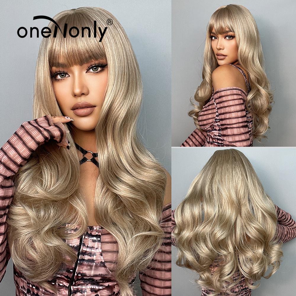 oneNonly Long Body Wave Ombre Brown Pink Synthetic Wigs with Bangs Natural Wave for Women Cosplay Natural Wig Heat Resistant