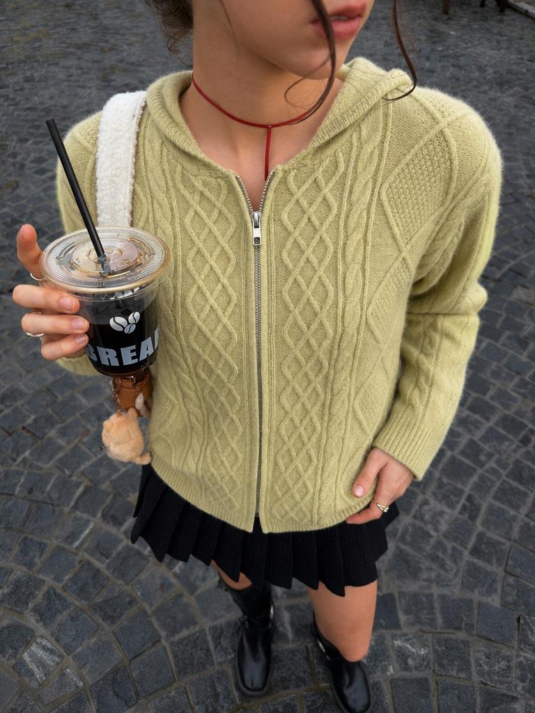 Hooded Twist Knitted Cardigan Zipper Rhombus Twisted Long-sleeved Knitted Jacket Korean Casual Autumn and Winter Women's Clothing