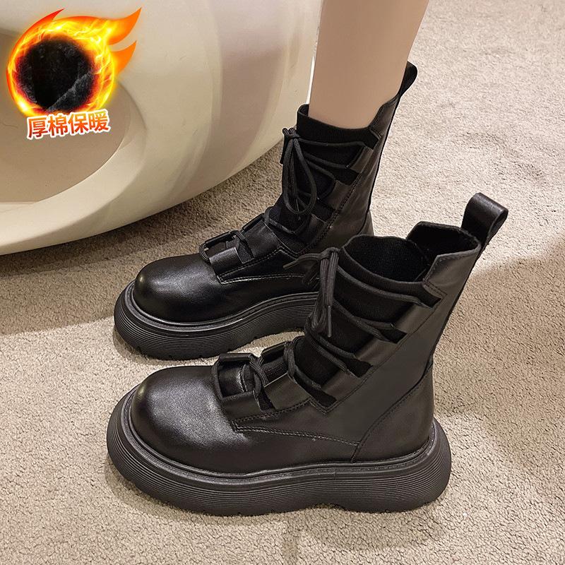 2025 new black knitted lace-up Martin boots women's 2025 new autumn short boots British wind locomotive short boots tide