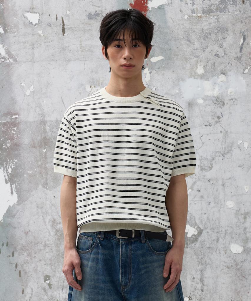 AGOD Side Button Henley Neck Striped Half Knit [Ivory]