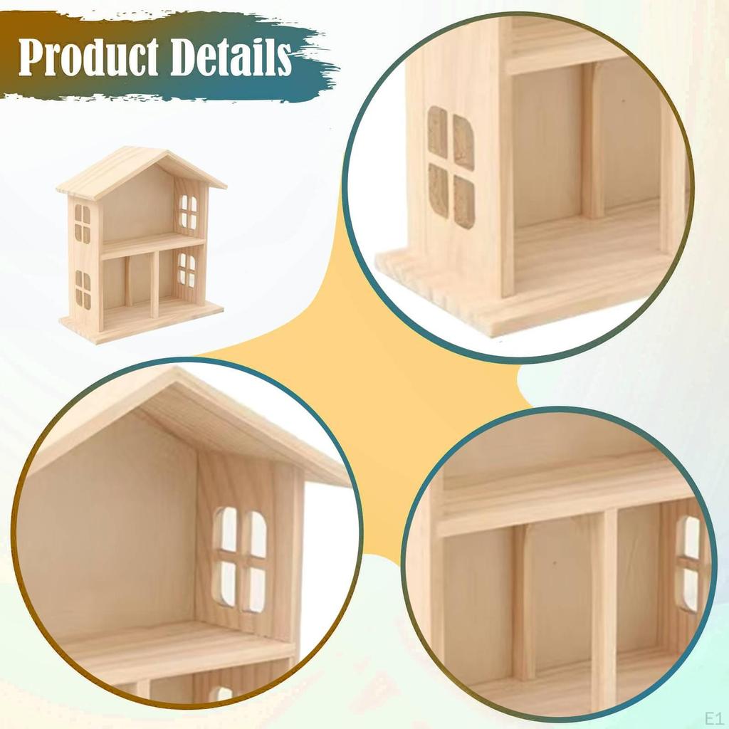 Wooden Desktop Organizer Shelf Figurine Display Box Sturdy Wood Small House Shaped for Craft