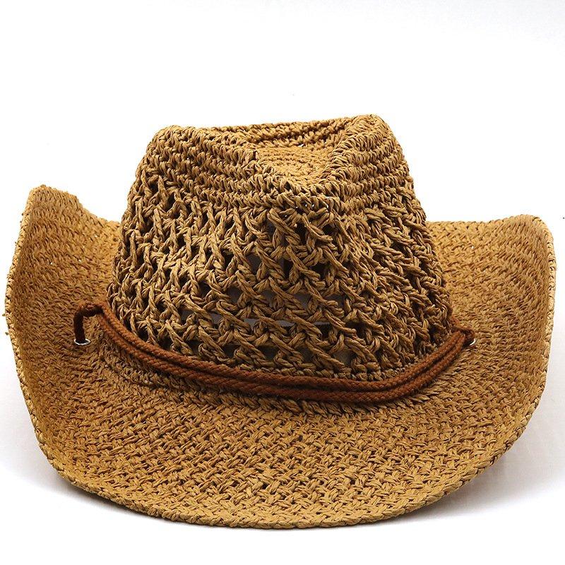 Zealous Sole Women's Hollow Out Unisex Shading Outdoor Wide Brim Cowboy Straw Hat Solid Color Fashion Sun Protection Beach Hat Summer Cap Cm