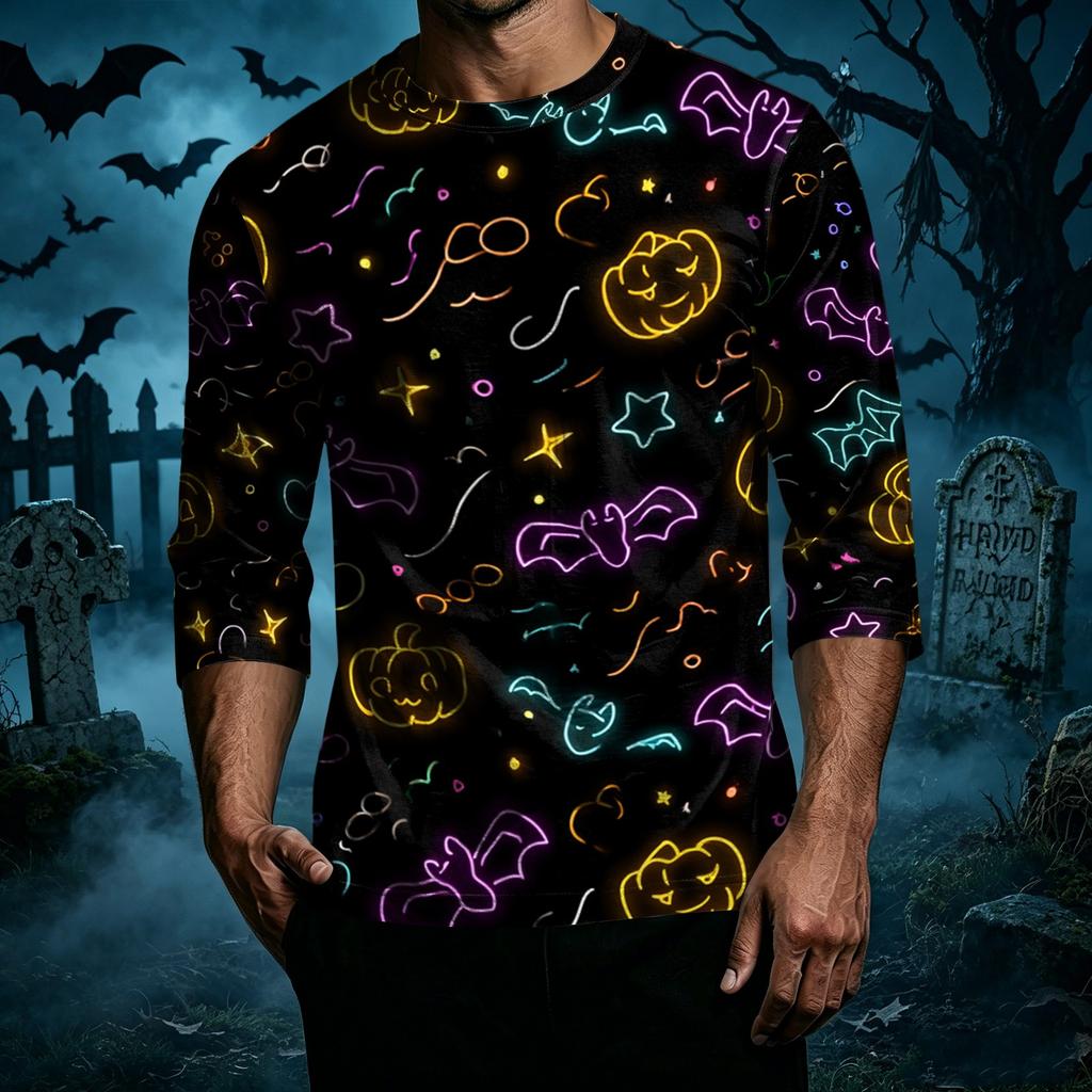 Men's Casual Halloween Print Raglan Sleeve T-Shirt Crew Neck Three Quarter Sleeve Top for Everyday Wear Comfortable Fit